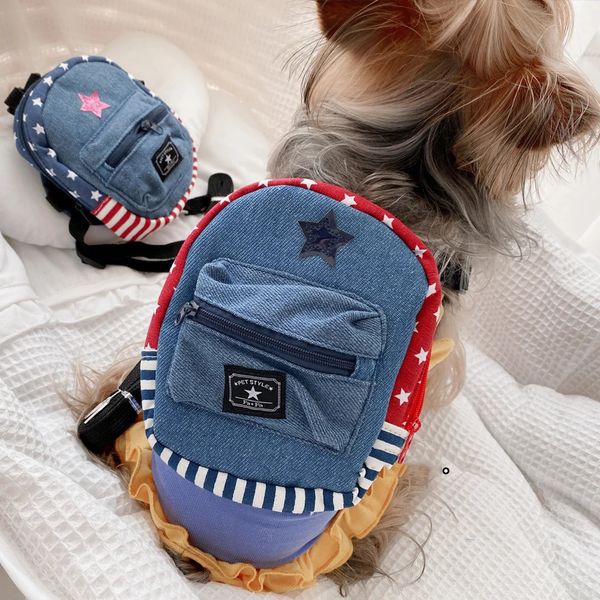 Vêtements pour chiens Maisons de chat Star Stripe Denim Blue Pet Puppy Sac à dos Harnais de marche avec laisse Set Chien Petit animal Chat Yorkshire Sacs de voyage 231025