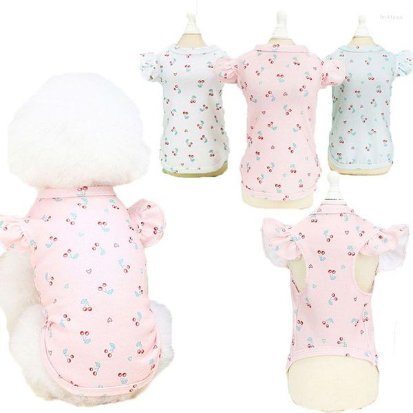 Ropa para perros Estampado de cerezas Ropa para mascotas Blanco Rosa Manga voladora Sudaderas con capucha Niñas Sudadera para perros pequeños Bichon Cachorro Gato Camisa de fondo L