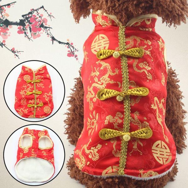 Ropa para perros Seda china Festival de primavera Cachorro Gato Abrigo Chihuahua Perros pequeños Tang Traje Año Ropa para mascotas Ropa