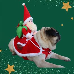 Hondenkleding Kerstkostuum Grappige Kerstman Rijdend op Winterjas met capuchon Huisdier Kat Vakantie-outfit Kleding Aankleden voor Halloween