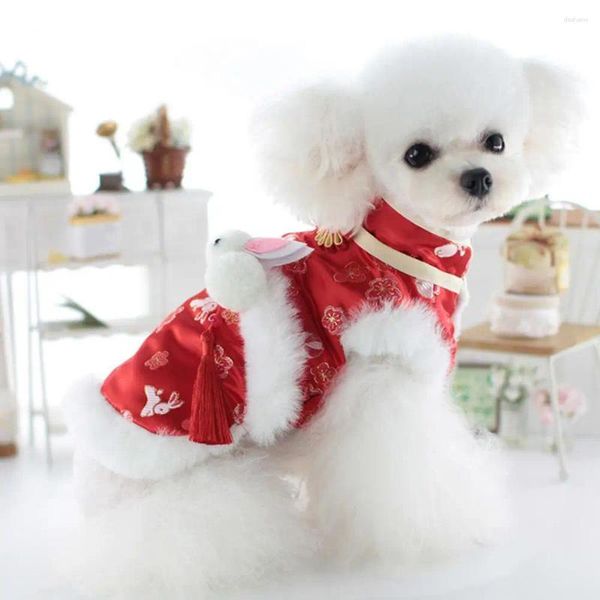 Vêtements pour chien vêtements chinois Tang Pet Robe Cap en peluche en peluche éparpillée Fleur Fleur Imprimé Bow-not de lacet Up Winter Nofring Year