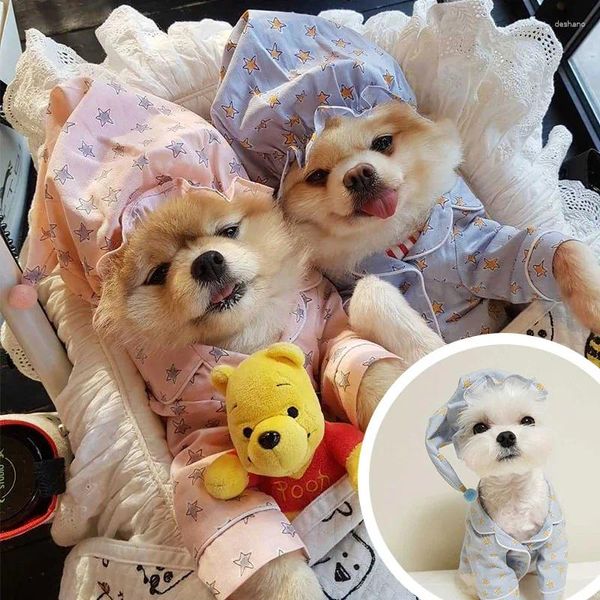 Ropa de ropa para perros para perros pequeños niña con sombrero insignia coreana rosa azul pijama mascota gato yorkie chihuahua