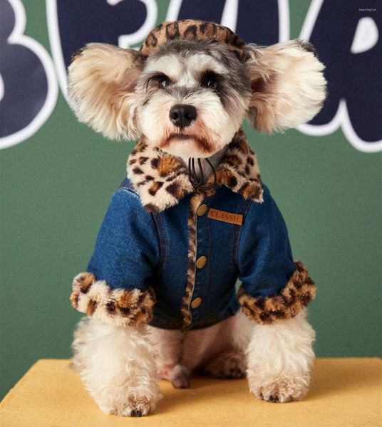 Ropa para perros Ropa Ropa de invierno para perros Chaquetas de jean engrosadas Pet Teddy Schnauzer Leopard Print Denim Coat Pequeño
