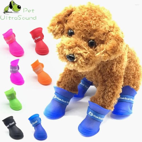 Vêtements pour chiens Bottes pour animaux de compagnie colorées PU Gel de silice Chaussures imperméables 4pcs / Set Dog's 8 Couleurs Candy Cat Rain Taille S / M / L / XL / XXL