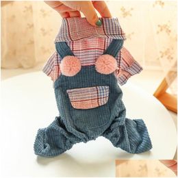 Vêtements pour chiens Pantalons en velours côtelé Combinaison à carreaux pour chiens Mignon petit animal avec chemise Automne Hiver Chihuahua Shih Tzu Pugssuit Pet Clothi Otr3Q