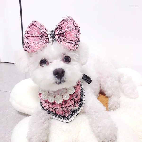 Ropa para perros lindo babero delicado perla mascota triángulo bufanda gato cachorro chihuahua yorkshire accesorios arco pequeño conjunto de horquillas