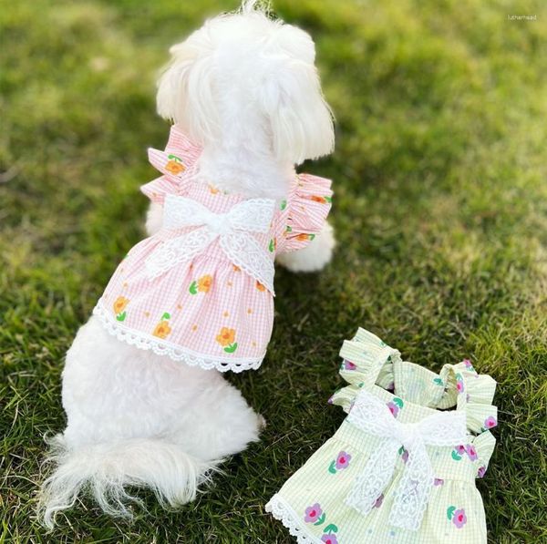 Chien vêtements mignon dentelle Plaid imprimé arc jupe Bichon maltais chat de compagnie et Costume vêtements pour petits chiens fille robes Yorkie