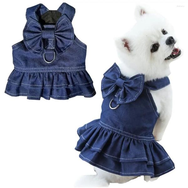 Vêtements de chien Robes en denim pour petits chiens Été Chiot Fille Vêtements avec anneau de laisse Mignon Bow Noeud Chat Doggy Harnais Jupe