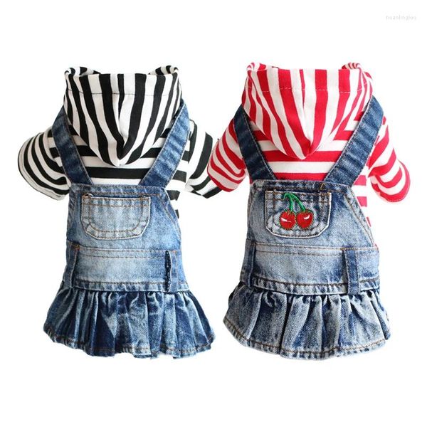 Vêtements pour chiens Veste en jean Classic Stripe Vêtements pour animaux de compagnie pour petits chiens moyens Jeans Robe Cherry Broderie Chiot Outfit Cowboy Jupe XS-XL