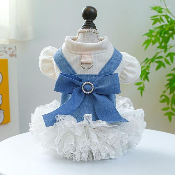 Vêtements pour chiens Denim Bretelles Dentelle Tutu Jupe Vêtements Flutter Manches Bow Princesse Robe Petits Chiens Vêtements Chat Fête Doux Articles Pour Animaux De Compagnie