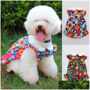 Vêtements de chien Vêtements de chien Jupe Robe Chat Vêtements pour animaux de compagnie Chiot Fleur Imprimer Manches volantes Revers Été Printemps Confort Colorf Drop Livraison DHFVL