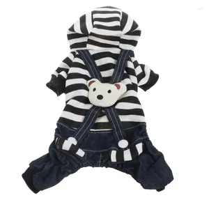 Vêtements pour chiens Dong Jeans Manteau Petit Chien Tissu avec tête d'ours Bretelles pour animaux de compagnie Vêtements Rayures noires