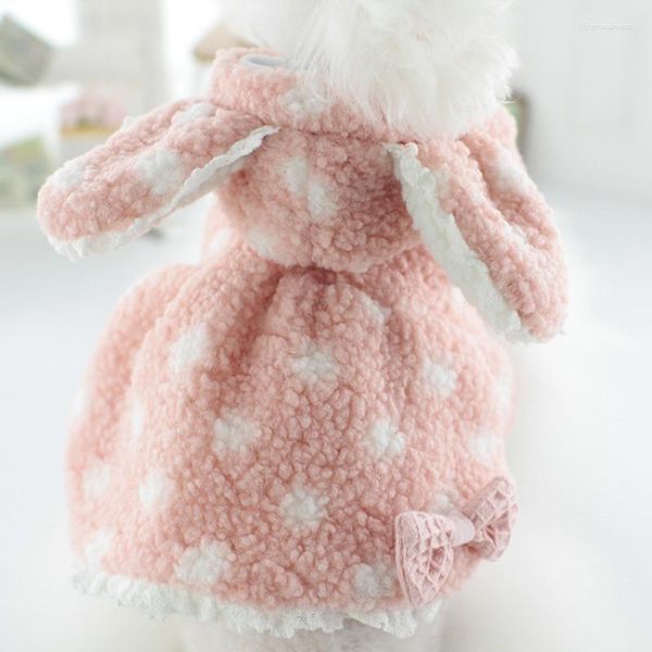 Vêtements pour chiens Dot Rose Robe Vêtements Design À Capuchon Oreille Vêtements Chat Hiver Chaud Mode Coréenne Douce Fille Kawaii Produits Pour Animaux De Compagnie