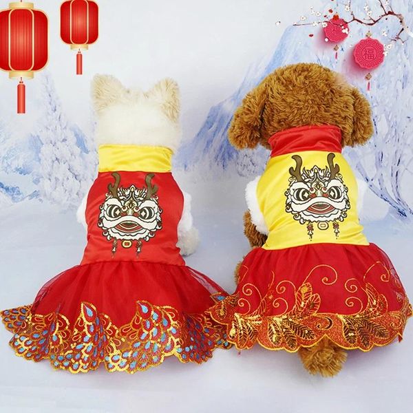 Vêtements pour chiens Robe de danse du dragon Tang Année chinoise Festive Pet Femme Chat Petit Hiver