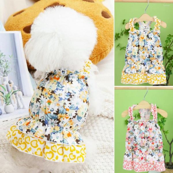 Chien Vêtements Robe Polyester Sans Manches À Volants Ourlet Motif Floral Chiot Lavable Respirant Facile À Porter Pet Sling Pour Chaton