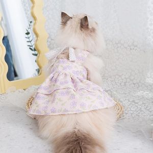 Robe de vêtements pour chiens printemps et été mince respirant style princesse grand nœud marionnettes florales chat vêtements pour animaux de compagnie jupe pour chiot