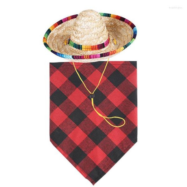 Ropa para perros, babero babero a cuadros, pañuelo, baberos, bufanda triangular con sombrero de paja, conjunto elegante suave que no se desvanece para perros y gatos