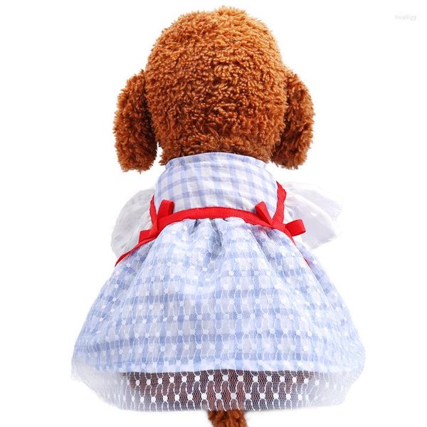 Usine de vêtements pour chiens Fourniture directe OEM Pet Teddy Than Panda Vêtements de printemps et d'été Jupe en fil à carreaux bleu ruban rouge