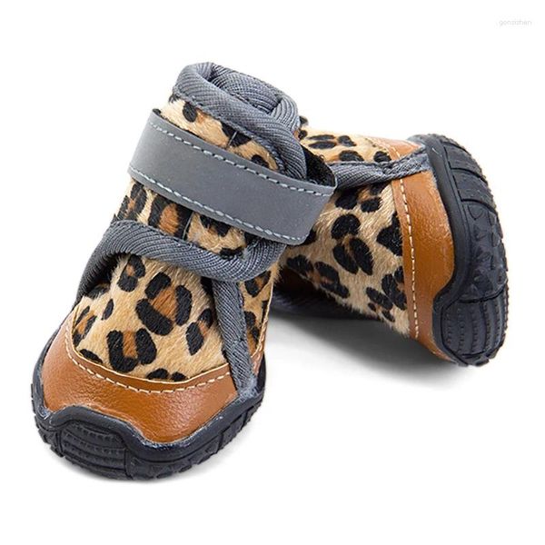 Ropa para perros Zapatos para mascotas con forro polar Otoño Invierno Estampado de leopardo Transpirable Antideslizante Tela de buceo Reflexión Perros Botas 4PCS Traje