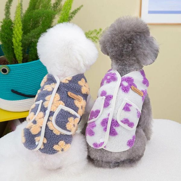 Ropa para perros Chaleco de lana Lana de cordero Chaqueta para mascotas Ropa suave y cálida para cachorros Abrigo con estampado de flores de cinco hojas Agradable para la piel Cómodo