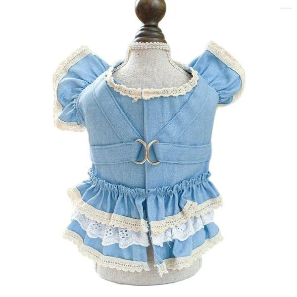 Vêtements pour chiens manche volante pour les petits chiens automne automne denim en denim bleu pour chats de compagnie de chat fille poméranie avec jupe en dentelle chiots chihuahua carlins