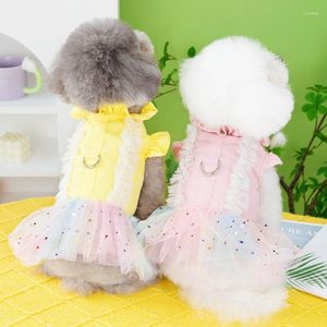 Vêtements pour chiens manches volantes vêtements pour animaux de compagnie doux avec anneau de remorquage robe peau-toucher Polyester maille ourlet jupe accessoires de printemps