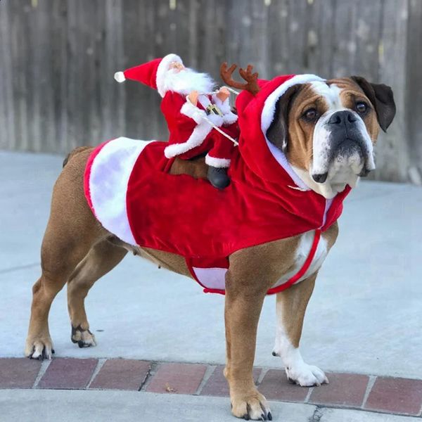 Vêtements pour chiens Costume de Noël pour chien de compagnie amusant Père Noël chevauchant une robe de cerf Veste rouge Vêtements chevauchant une robe de cerf Fournitures de Noël pour animaux de compagnie 231110