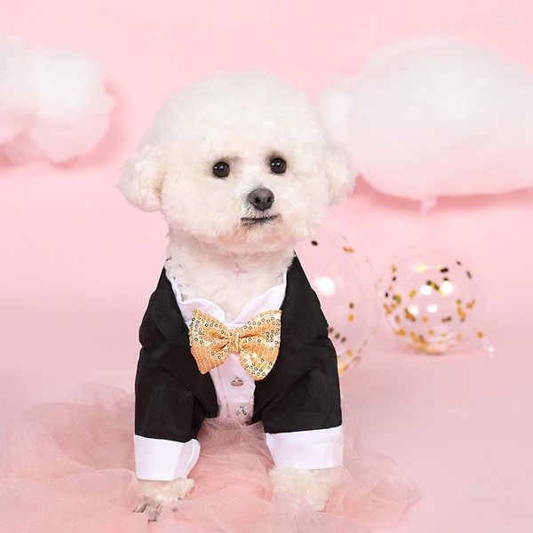 Vêtements pour chiens Gentleman Vêtements de style occidental Costume de mariage Chemise formelle pour petits chiens Paillettes d'or Tuxedo PartyChiot Costume Chats