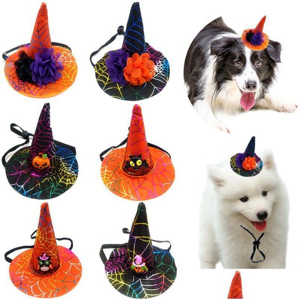 Chien Vêtements Halloween Animaux Chapeau Noir Orange Fleur Citrouille Sorcière Chat Partie Décoratif Réglable Chiot Ornement Drop Delivery Accueil G Dhxup