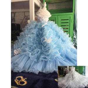 Vêtements pour chiens vêtements faits à la main robe pour animaux de compagnie traînant robe bleu ourlet perle dentelle papillon princesse jupe à plusieurs niveaux tulle caniche maltais yorkie