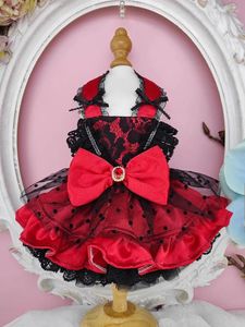 Ropa para perros Ropa hecha a mano Suministros para mascotas Diseño único Vestido de princesa Clásico Negro Rojo Satén Punto Granadina Brillo Gema Accesorios Fiesta