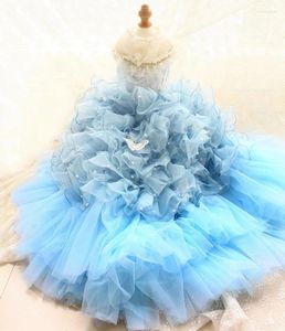 Vêtements pour chiens Vêtements faits à la main Fournitures pour animaux de compagnie Robe de traînée Robe bleue Hemming Perle Dentelle Papillon Princesse Jupe à plusieurs niveaux Tulle One Piece