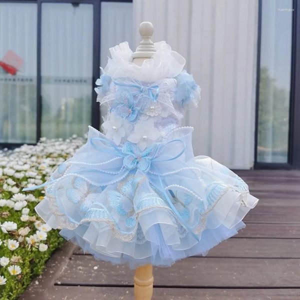 Vêtements de chien vêtements faits à la main fournitures pour animaux de compagnie paillettes brillantes papillon bleu clair tutu tulle bulle jupe princesse robe respirante une pièce