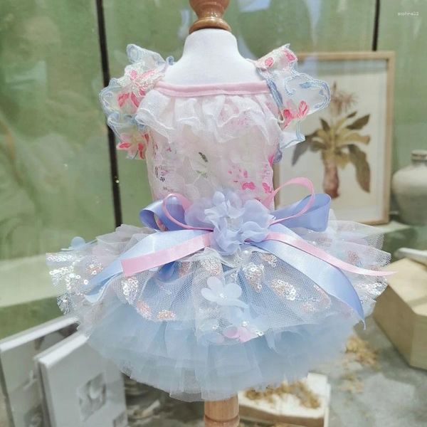 Vêtements pour chiens Vêtements faits à la main Fournitures pour animaux de compagnie Robe de princesse Jolie fille Rose Dentelle Creux Out Jupe bleu clair Tulle Tutu Vacances One Piece