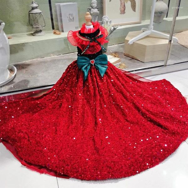 Vêtements de chien Vêtements de luxe faits à la main Robe de mariée Robe rouge éblouissante jupe à paillettes princesse soirée dansante fête vacances une pièce caniche