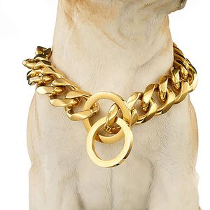 Hondenkleding zware 19 mm roestvrij staal choke ketting kraag ketting ketting Sliver 18k gouden Cubaanse link voor pitbull mastiff bulldog 230814
