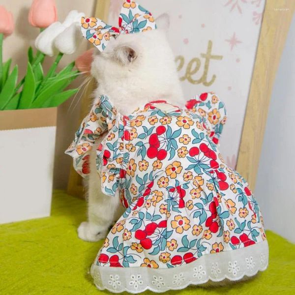 Vêtements de chien Tissu de haute qualité Robe de princesse pour animaux de compagnie Ensemble avec manches Coiffures Fleur Imprimer Chat Été Léger pour Furry