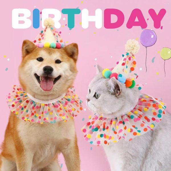 Habillement de chien Ins Birthday Pet Pet Pot Dot Lace Bib Set Cat Candy Color Col Ball Collar coiffeur Décoration