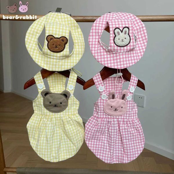 Vêtements pour chiens Ins d'été coton lavé plaid rose jaune ours à suspension jupe costume de compagnie mignon de protection de chapeau de soleil robe h240506