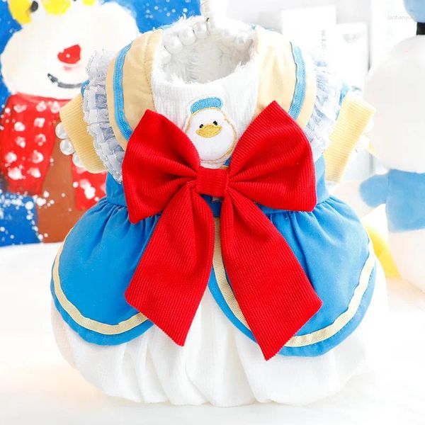 Ropa para perros kawaii lindo bowknot pato invierno calentando algodón ropa de mascotas de abrigo vestidos de gato vestimenta arnese portero gatito gatito