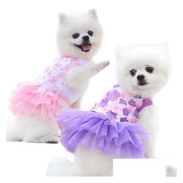 Vêtements de chien dentelle mousseline de soie vêtements de chien pour petites fleurs pour animaux de compagnie fête d'anniversaire chiot robe de mariée été mignon chat costume vêtements Dhfnk