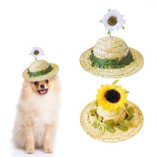 Ropa para perros Prueba de cuello ligero Sombrero de paja para mascotas Primavera Verano Sombrero para el sol con flor Gorra de gato Cuerda ajustable para collares de cachorros