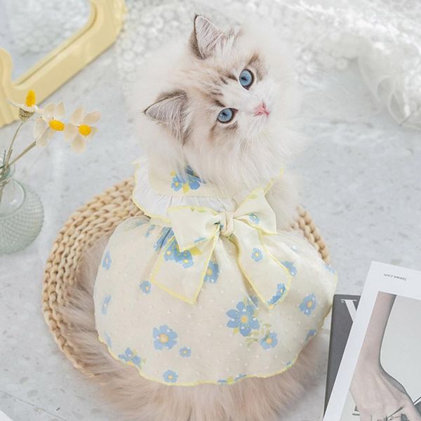 Ropa para perros Vestido de diseñador amarillo claro Princesa Arco Mascota Falda larga Cumpleaños Cachorro Ropa de verano Floral Medio York Ropa para gatos