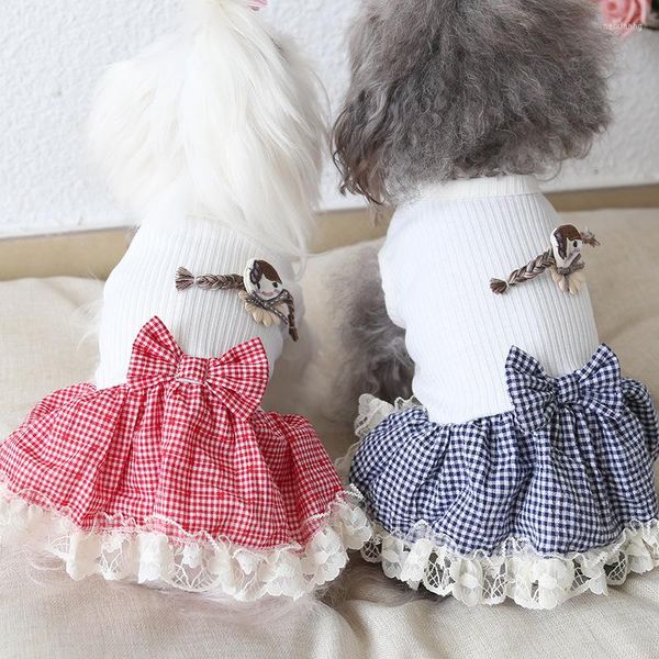 Vêtements pour chiens petite fille gilet blanc avec nœud à carreaux vêtements pour chiot petit animal en vente Stock robes pour animaux de compagnie M XL Yorkshire Pugs