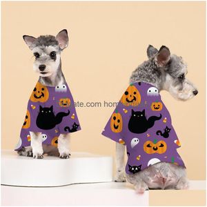 Hondenkleding Nieuwe Halloween Pet Dogs Cat Plover Print Short Sleeved T -shirt Kleine en middelgrote hondenses Casual twolged kleding Drop de DHBJ6