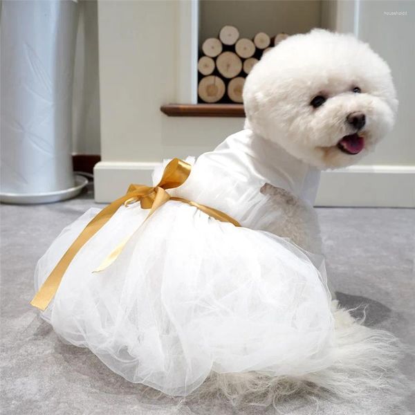 Vêtements pour chiens oimg Robe de mariée pour animaux de compagnie de ruban or blanc pur