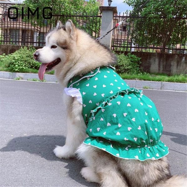 Vêtements de chien OIMG Summer Green Pet Robe Love Print Jupe pour grand Golden Retriever Alaskan Labrador sans manches dentelle chiens vêtements de famille