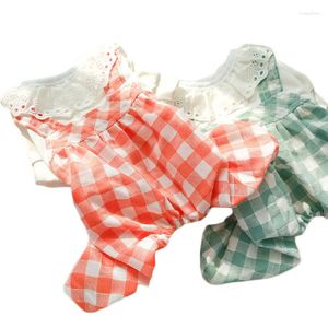 Chien vêtements Orange vert Plaid vêtements pour animaux de compagnie été 4 jambes pyjamas léger dentelle décolleté filles salopette Costume PJS L