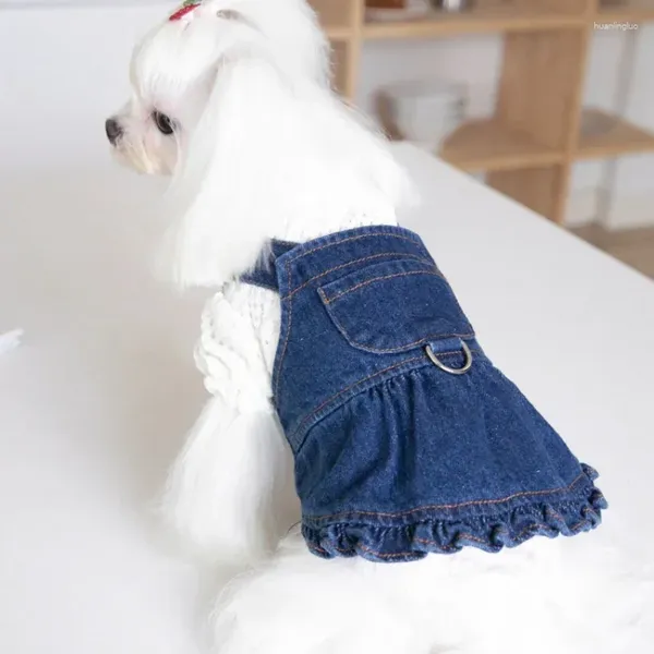 Ropa para perros mascota otoño invierno linda tracción falda de mezclilla vestido de correa ropa de gato ropa de peluche para perros pequeños