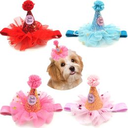 Ropa para perros, sombrero de cumpleaños para mascotas, diadema de cono brillante de tul, tocado para perros, gatos, accesorios para el cabello de fiesta, azul, rosa, RedDog
